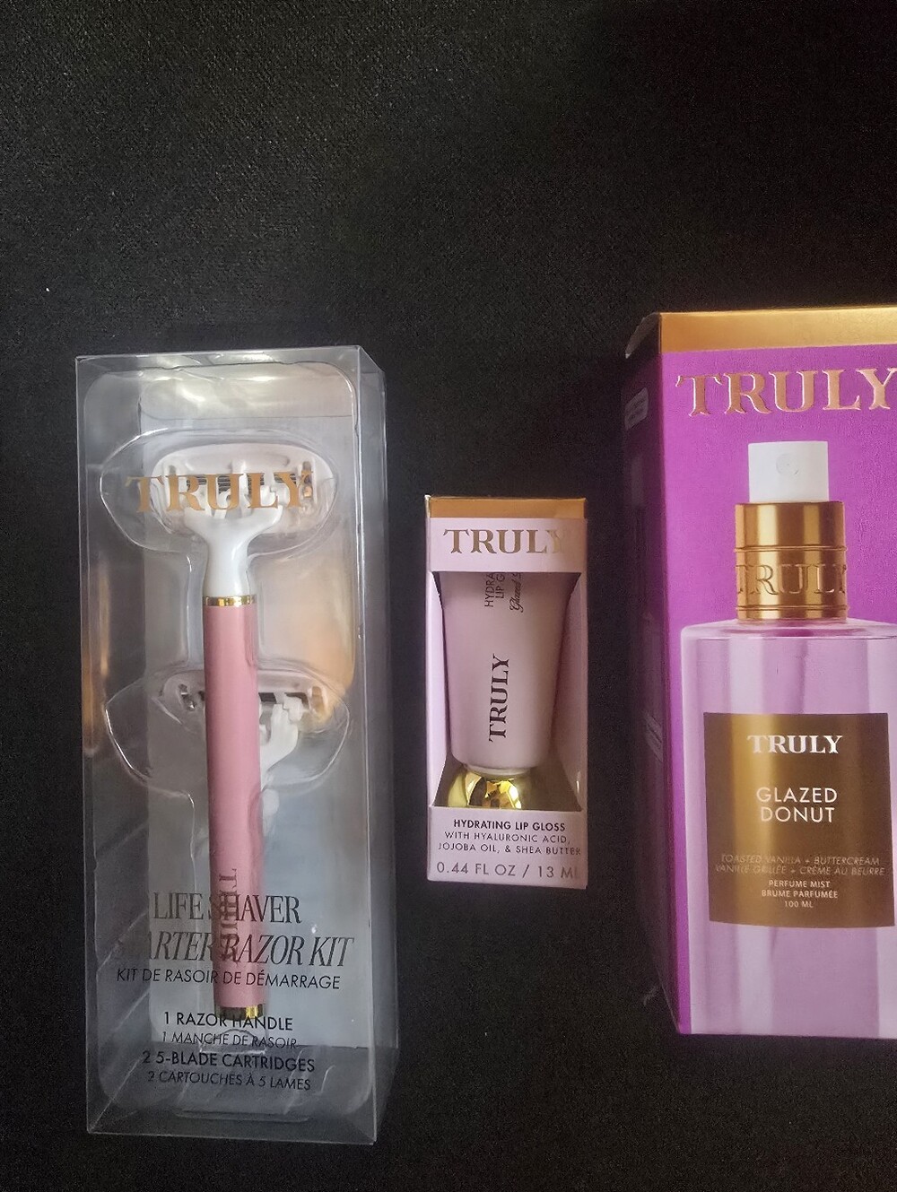 NEW Truly Beauty 3-Piece Set Glazed Donut Perfume Mist and Lip Oil, Pink Razor